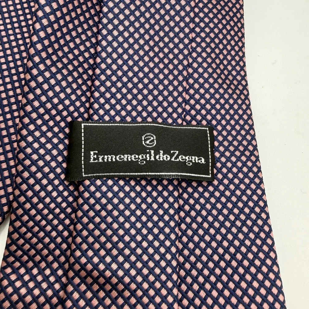 Ermenegildo Zegna Silk Tie Mens OS Navy Pink Geometric Micro Check Italy 59